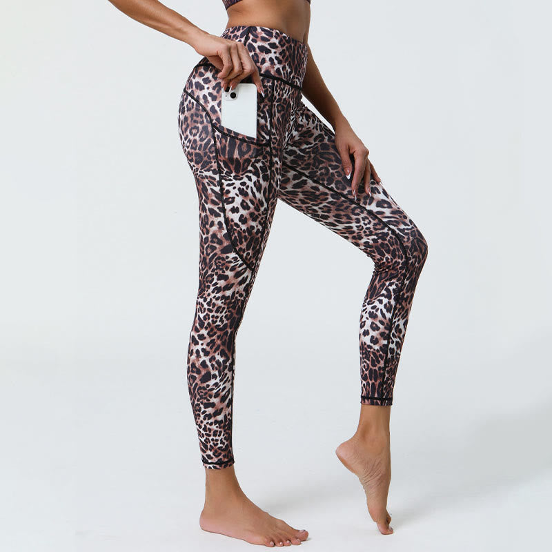 Leggings de sport taille haute avec imprimé léopard et Buddha Stones , pantalons de yoga pour femmes avec poches