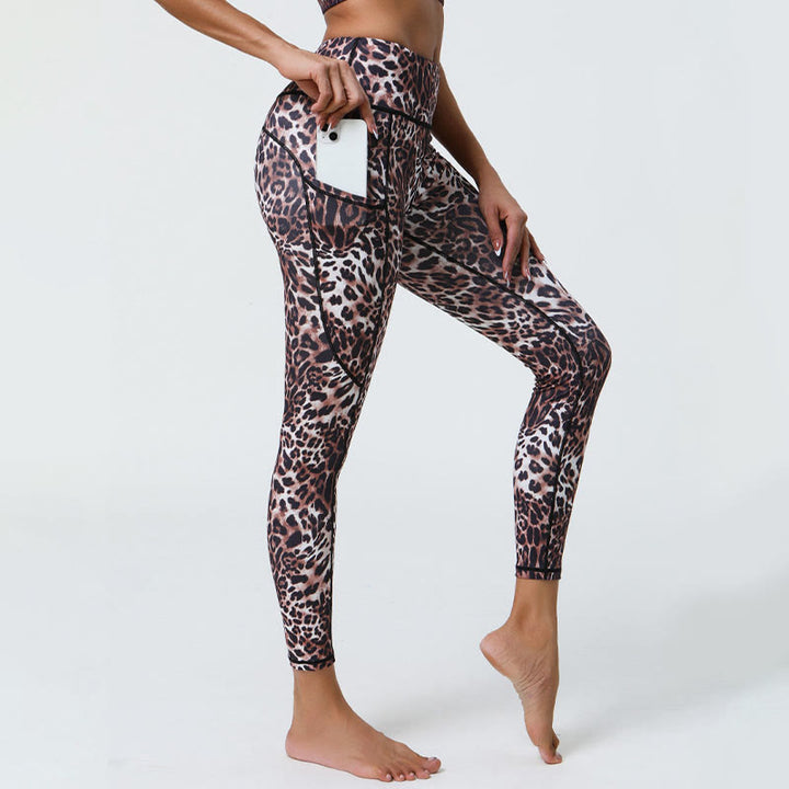 Leggings de sport taille haute avec imprimé léopard et Buddha Stones , pantalons de yoga pour femmes avec poches
