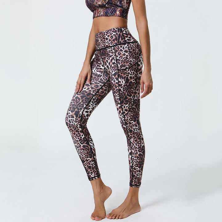 Leggings de sport taille haute avec imprimé léopard et Buddha Stones , pantalons de yoga pour femmes avec poches