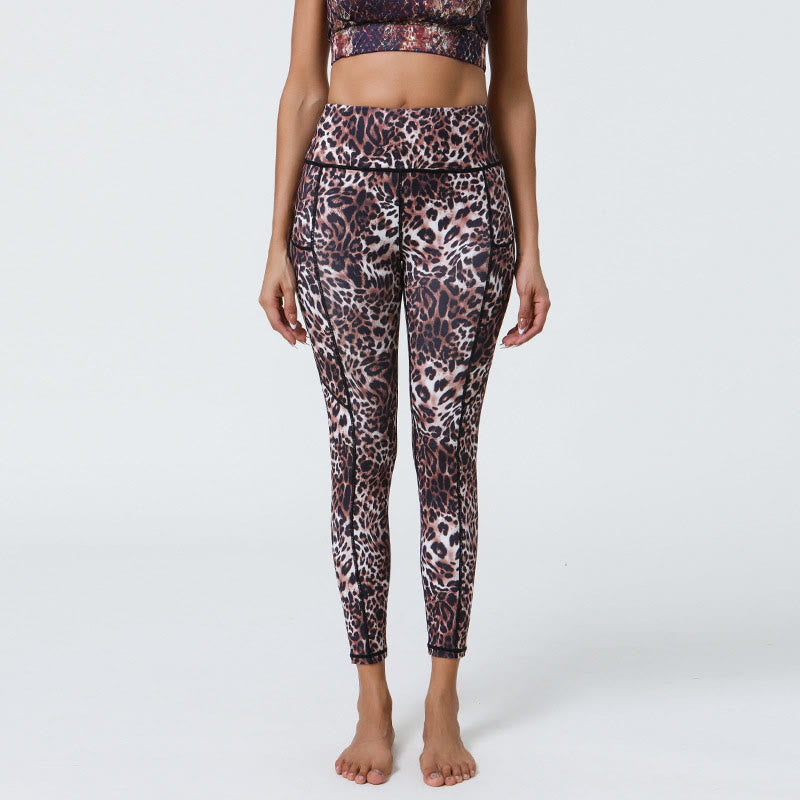 Leggings de sport taille haute avec imprimé léopard et Buddha Stones , pantalons de yoga pour femmes avec poches - Motif léopard marron - US12，UK/AU16，EU44 (XL) - image 15