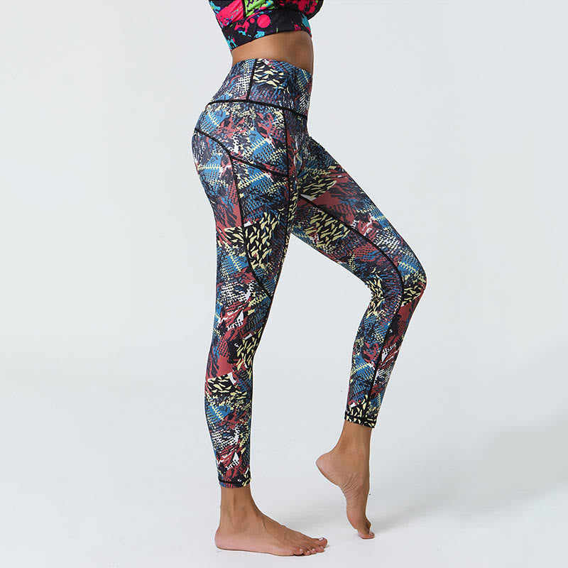 Leggings de sport taille haute avec imprimé léopard et Buddha Stones , pantalons de yoga pour femmes avec poches