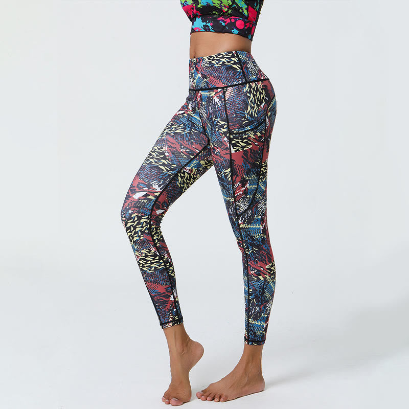 Leggings de sport taille haute avec imprimé léopard et Buddha Stones , pantalons de yoga pour femmes avec poches