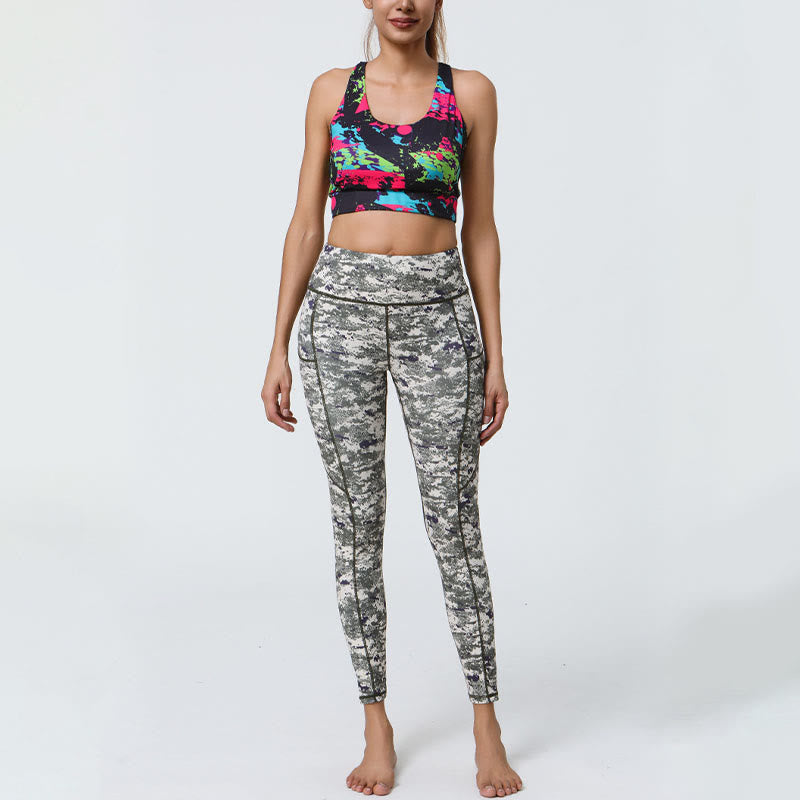 Leggings de sport taille haute avec imprimé léopard et Buddha Stones , pantalons de yoga pour femmes avec poches