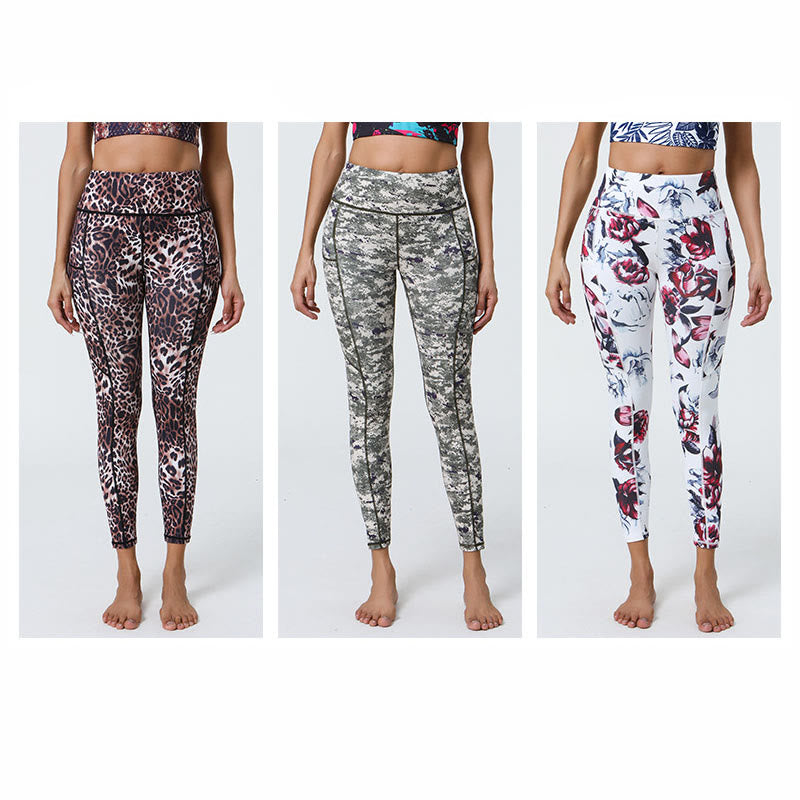 Leggings de sport taille haute avec imprimé léopard et Buddha Stones , pantalons de yoga pour femmes avec poches