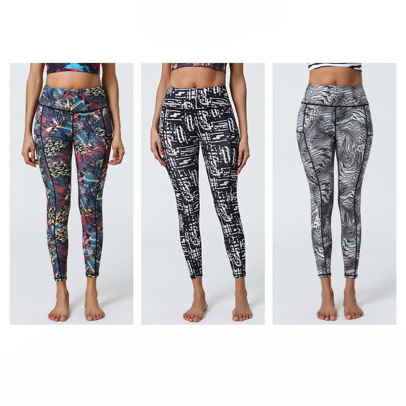 Leggings de sport taille haute avec imprimé léopard et Buddha Stones , pantalons de yoga pour femmes avec poches