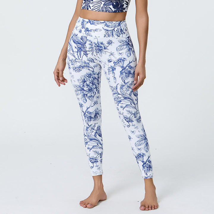 Buddha Stones Fleurs Feuilles Pissenlits Ananas Imprimé Sports Fitness Leggings Taille Haute Pantalons De Yoga Pour Femmes - Fleurs bleu clair - US12，UK/AU16，EU44 (XL) - image 1