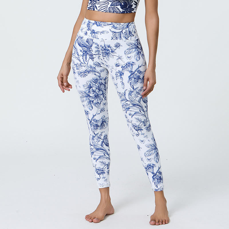 Buddha Stones Fleurs Feuilles Pissenlits Ananas Imprimé Sports Fitness Leggings Taille Haute Pantalons De Yoga Pour Femmes - Fleurs bleu clair - US12，UK/AU16，EU44 (XL) - image 1