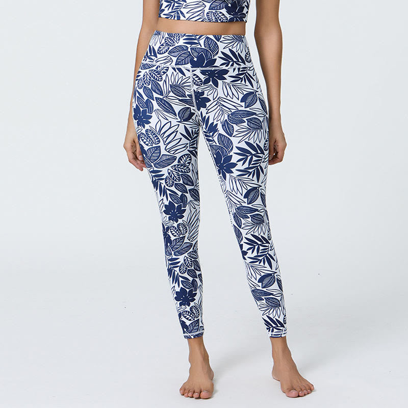Buddha Stones Fleurs Feuilles Pissenlits Ananas Imprimé Sports Fitness Leggings Taille Haute Pantalons De Yoga Pour Femmes - Feuilles blanches et bleues - US12，UK/AU16，EU44 (XL) - image 23