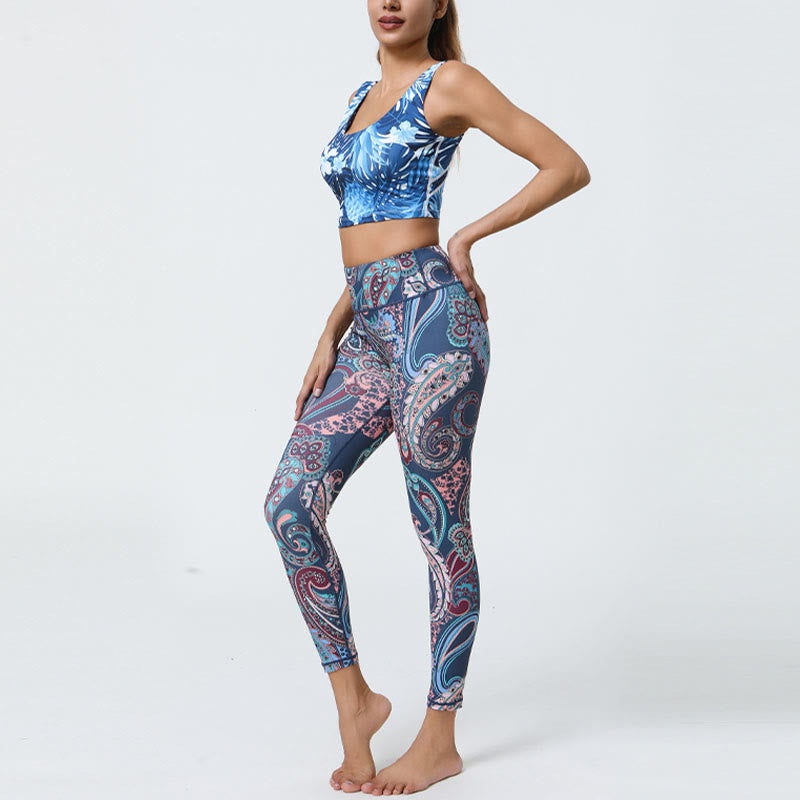 Buddha Stones Fleurs Plumes Soleil Lune Imprimé Sports Fitness Yoga Taille Haute Leggings Pantalons Femme