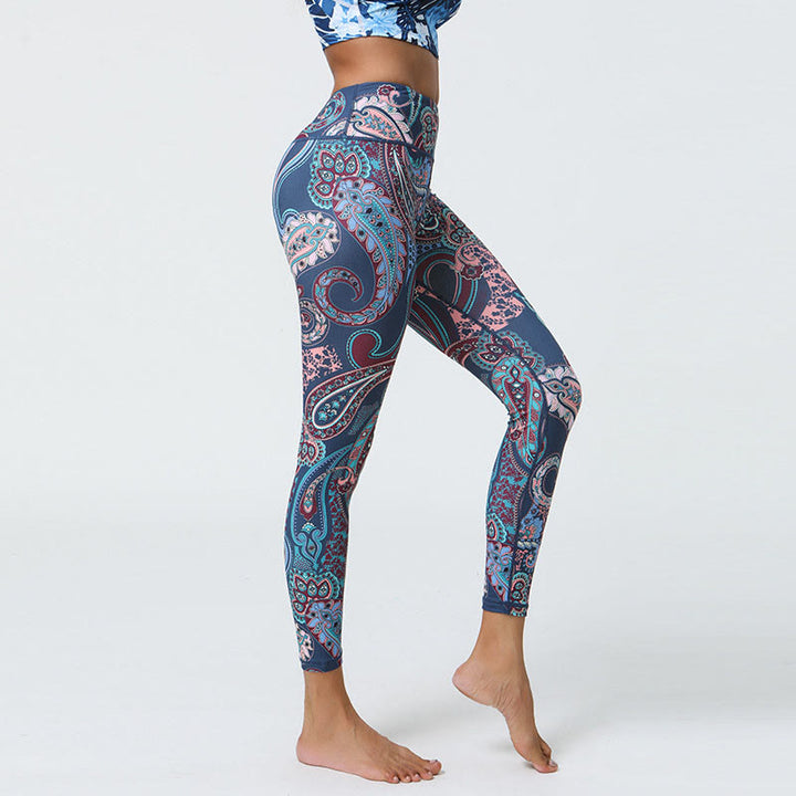 Buddha Stones Fleurs Plumes Soleil Lune Imprimé Sports Fitness Yoga Taille Haute Leggings Pantalons Femme