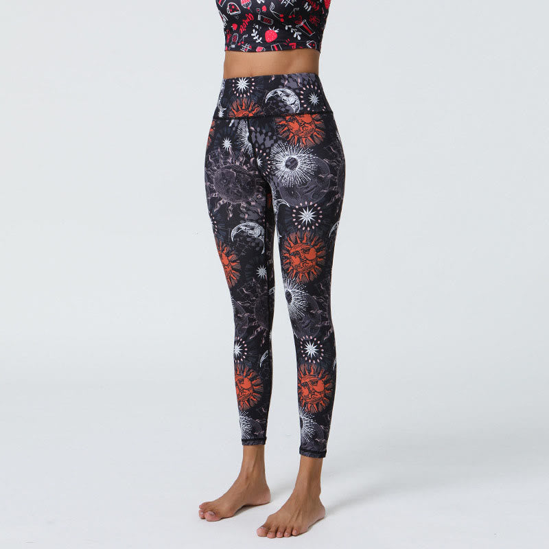 Buddha Stones Fleurs Plumes Soleil Lune Imprimé Sports Fitness Yoga Taille Haute Leggings Pantalons Femme - Soleil noir et rouge Lune blanche - US12，UK/AU16，EU44 (XL) - image 6