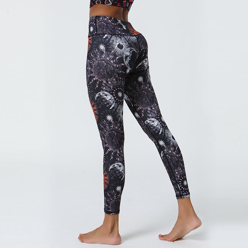 Buddha Stones Fleurs Plumes Soleil Lune Imprimé Sports Fitness Yoga Taille Haute Leggings Pantalons Femme