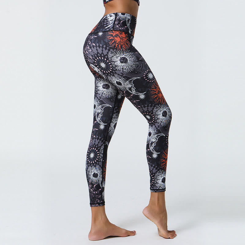 Buddha Stones Fleurs Plumes Soleil Lune Imprimé Sports Fitness Yoga Taille Haute Leggings Pantalons Femme