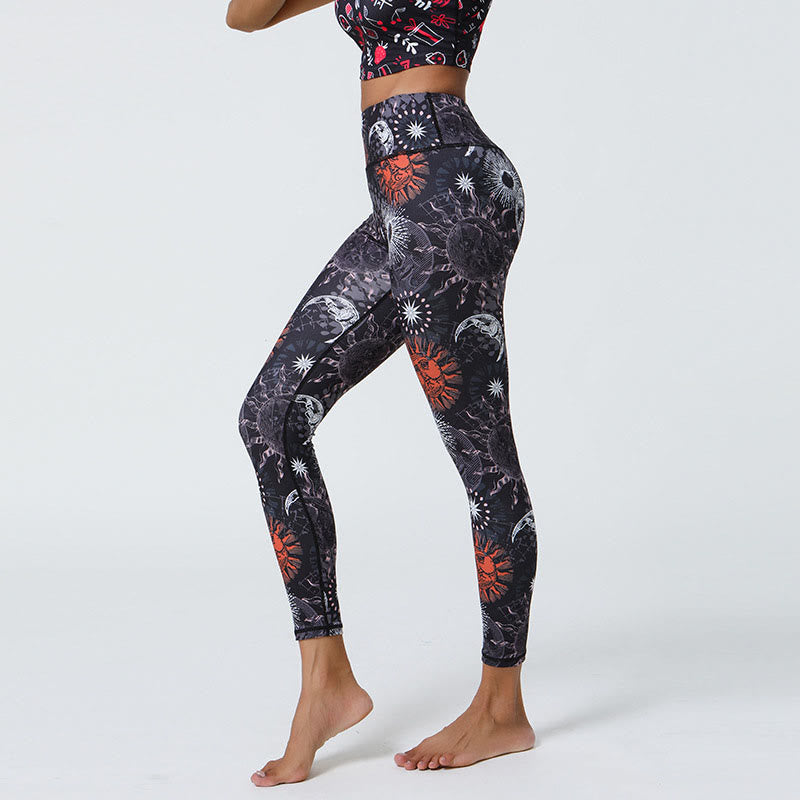 Buddha Stones Fleurs Plumes Soleil Lune Imprimé Sports Fitness Yoga Taille Haute Leggings Pantalons Femme