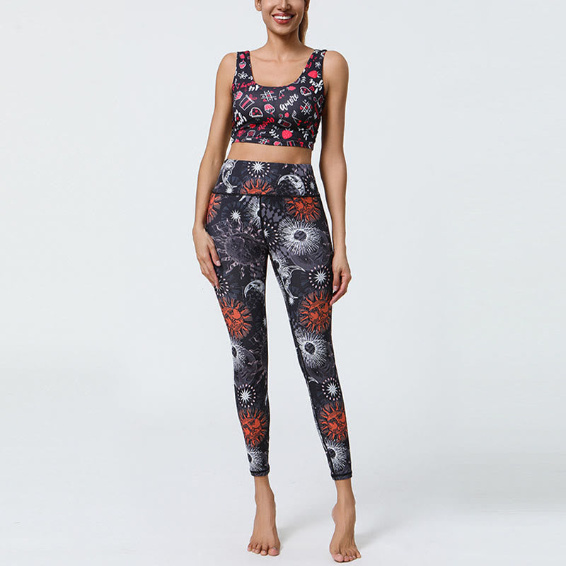 Buddha Stones Fleurs Plumes Soleil Lune Imprimé Sports Fitness Yoga Taille Haute Leggings Pantalons Femme