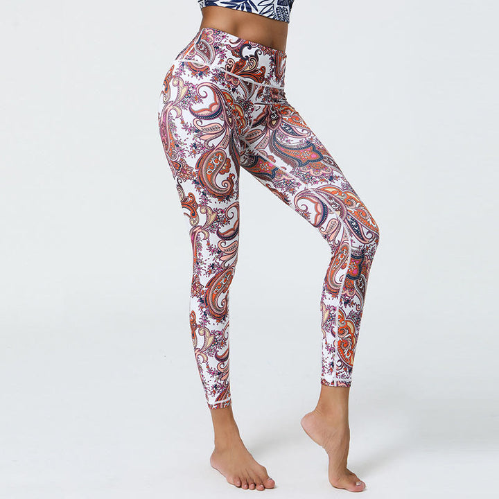 Buddha Stones Fleurs Plumes Soleil Lune Imprimé Sports Fitness Yoga Taille Haute Leggings Pantalons Femme