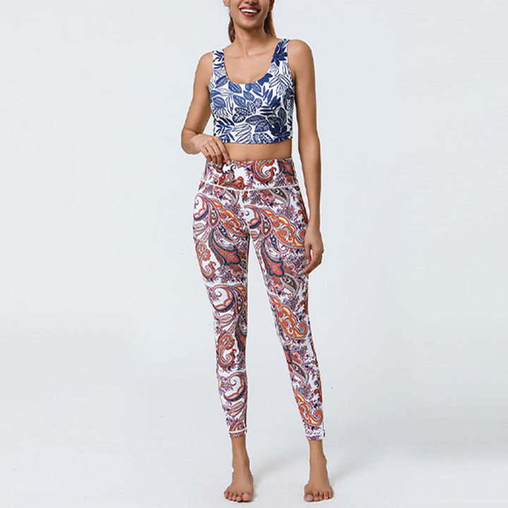 Buddha Stones Fleurs Plumes Soleil Lune Imprimé Sports Fitness Yoga Taille Haute Leggings Pantalons Femme