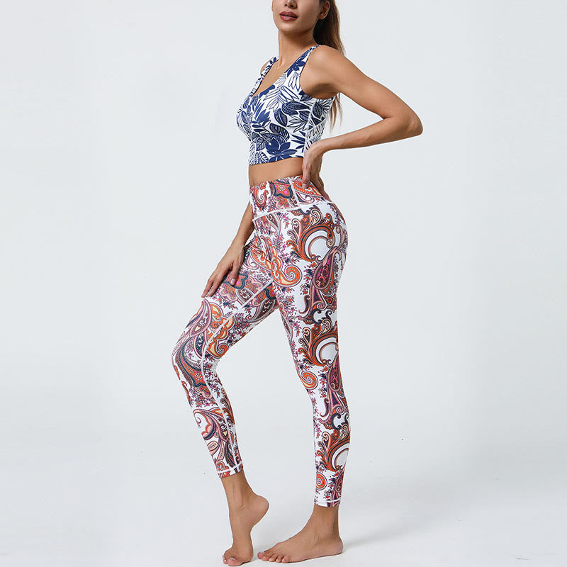 Buddha Stones Fleurs Plumes Soleil Lune Imprimé Sports Fitness Yoga Taille Haute Leggings Pantalons Femme