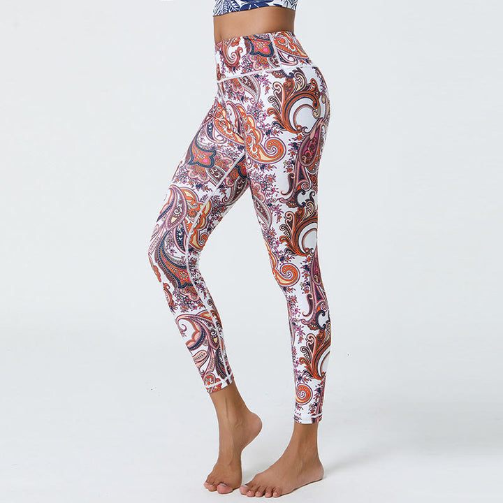 Buddha Stones Fleurs Plumes Soleil Lune Imprimé Sports Fitness Yoga Taille Haute Leggings Pantalons Femme