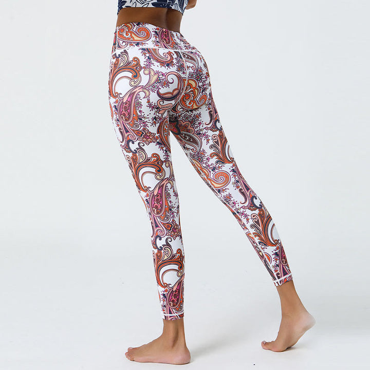 Buddha Stones Fleurs Plumes Soleil Lune Imprimé Sports Fitness Yoga Taille Haute Leggings Pantalons Femme
