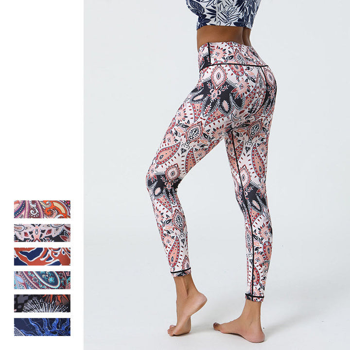 Buddha Stones Fleurs Plumes Soleil Lune Imprimé Sports Fitness Yoga Taille Haute Leggings Pantalons Femme