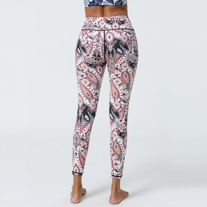 Buddha Stones Fleurs Plumes Soleil Lune Imprimé Sports Fitness Yoga Taille Haute Leggings Pantalons Femme