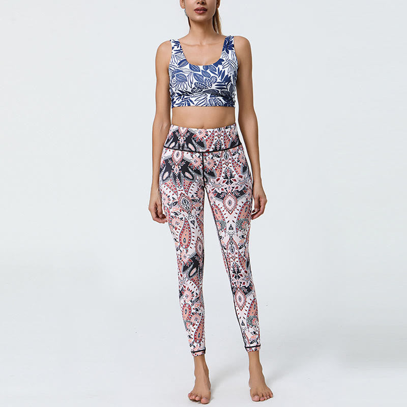 Buddha Stones Fleurs Plumes Soleil Lune Imprimé Sports Fitness Yoga Taille Haute Leggings Pantalons Femme
