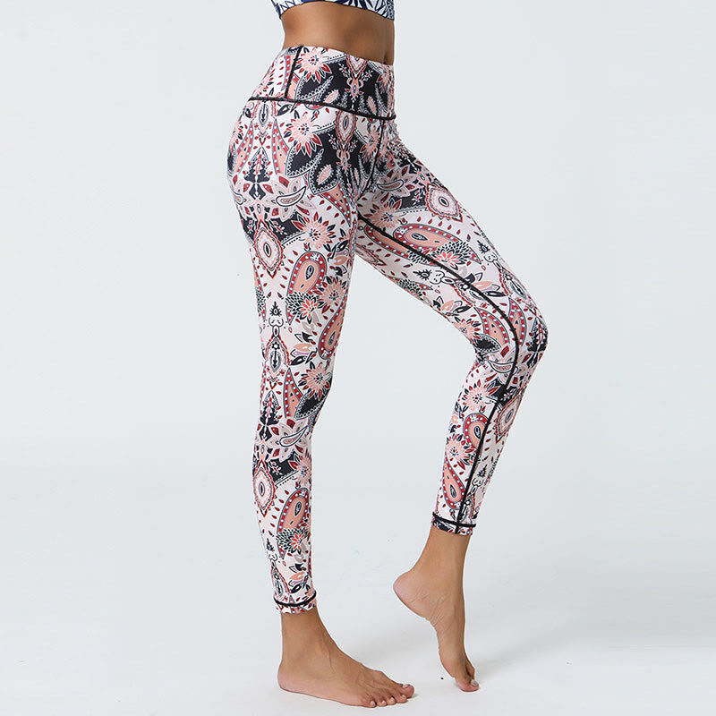 Buddha Stones Fleurs Plumes Soleil Lune Imprimé Sports Fitness Yoga Taille Haute Leggings Pantalons Femme