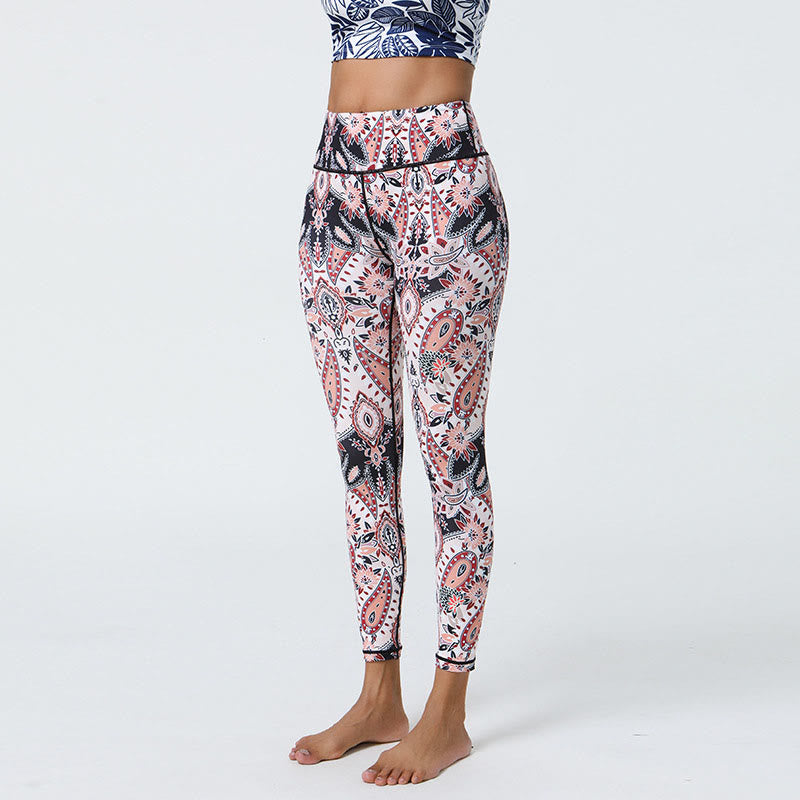 Buddha Stones Fleurs Plumes Soleil Lune Imprimé Sports Fitness Yoga Taille Haute Leggings Pantalons Femme - Motif blanc et rose clair - US12，UK/AU16，EU44 (XL) - image 23