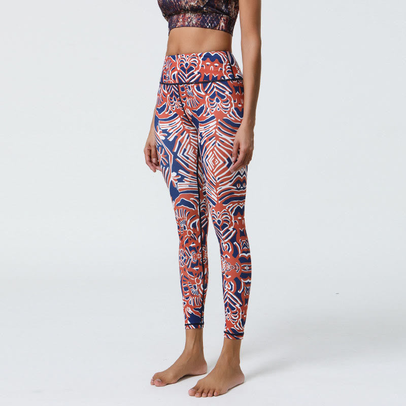 Buddha Stones Fleurs Plumes Soleil Lune Imprimé Sports Fitness Yoga Taille Haute Leggings Pantalons Femme - Motif rouge et bleu foncé - US12，UK/AU16，EU44 (XL) - image 27