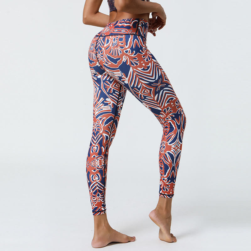 Buddha Stones Fleurs Plumes Soleil Lune Imprimé Sports Fitness Yoga Taille Haute Leggings Pantalons Femme