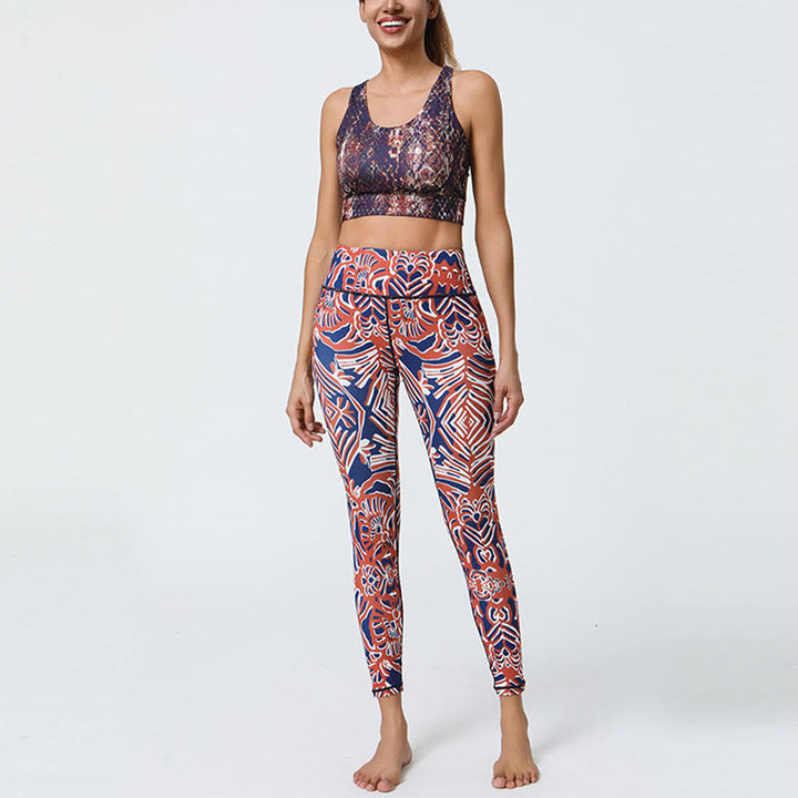 Buddha Stones Fleurs Plumes Soleil Lune Imprimé Sports Fitness Yoga Taille Haute Leggings Pantalons Femme