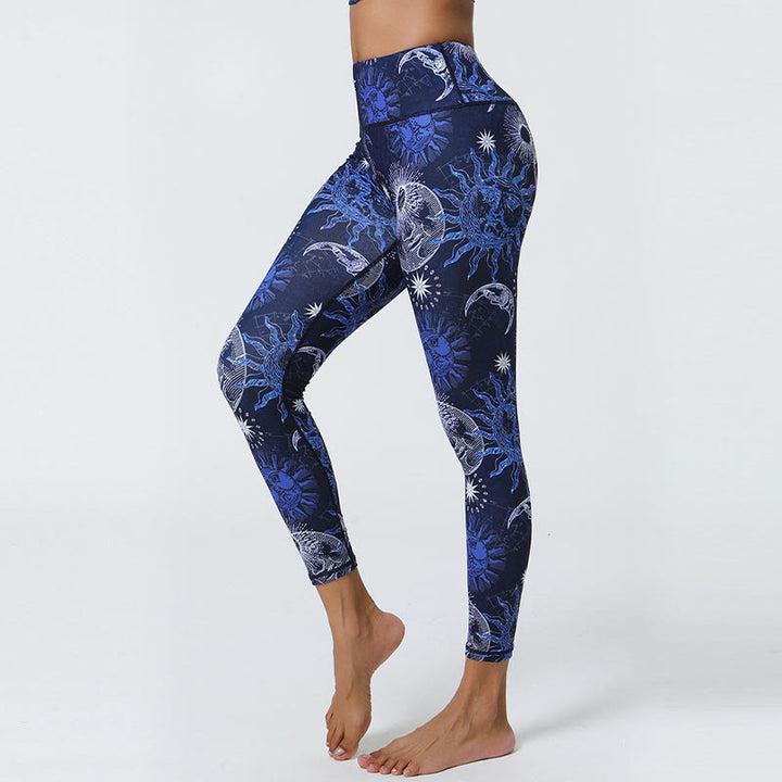 Buddha Stones Fleurs Plumes Soleil Lune Imprimé Sports Fitness Yoga Taille Haute Leggings Pantalons Femme