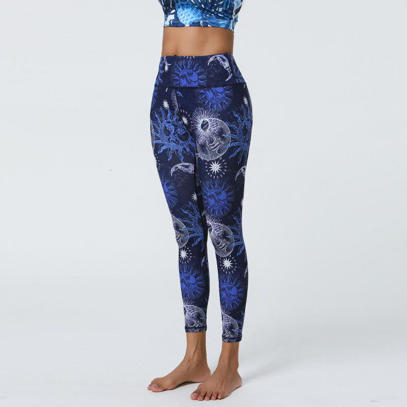 Buddha Stones Fleurs Plumes Soleil Lune Imprimé Sports Fitness Yoga Taille Haute Leggings Pantalons Femme - Soleil bleu foncé Lune blanche - US12，UK/AU16，EU44 (XL) - image 10