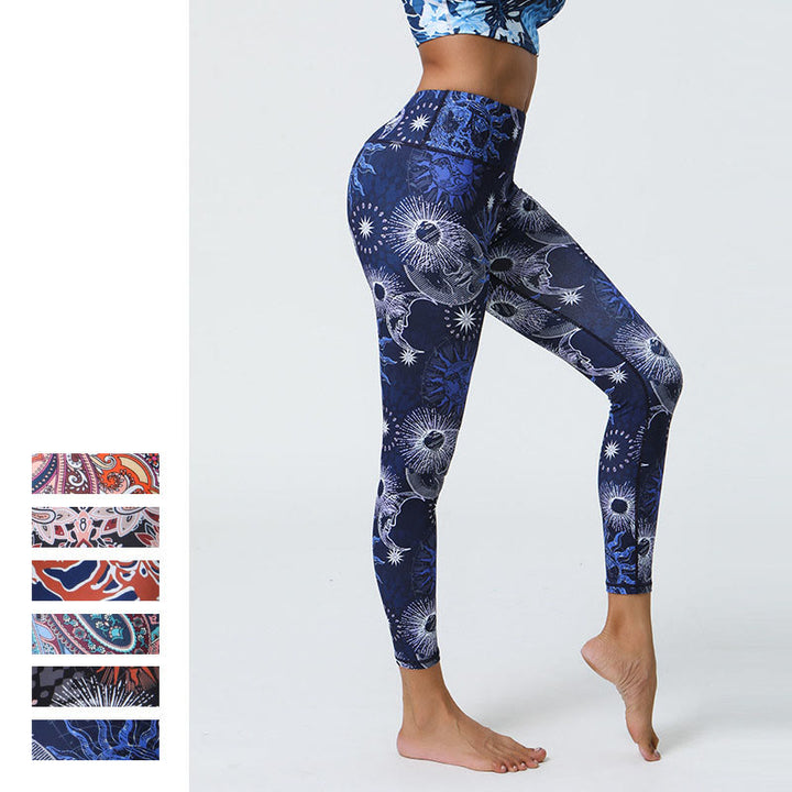 Buddha Stones Fleurs Plumes Soleil Lune Imprimé Sports Fitness Yoga Taille Haute Leggings Pantalons Femme