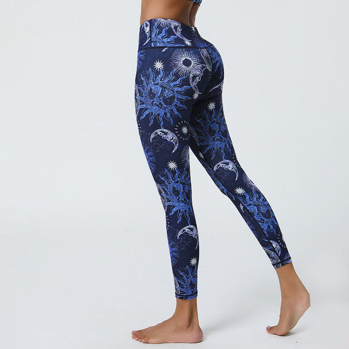 Buddha Stones Fleurs Plumes Soleil Lune Imprimé Sports Fitness Yoga Taille Haute Leggings Pantalons Femme