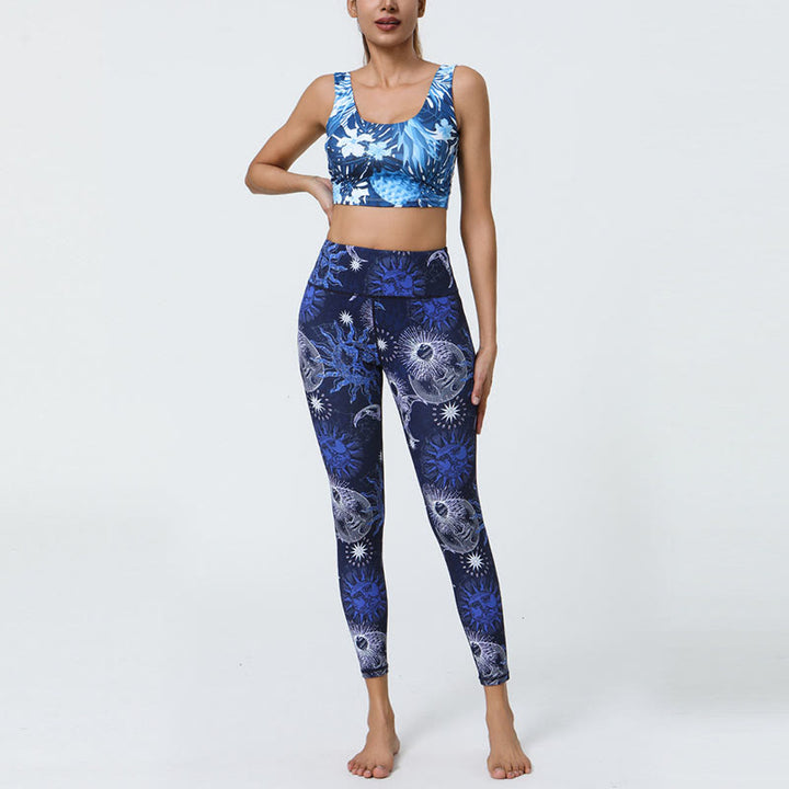 Buddha Stones Fleurs Plumes Soleil Lune Imprimé Sports Fitness Yoga Taille Haute Leggings Pantalons Femme