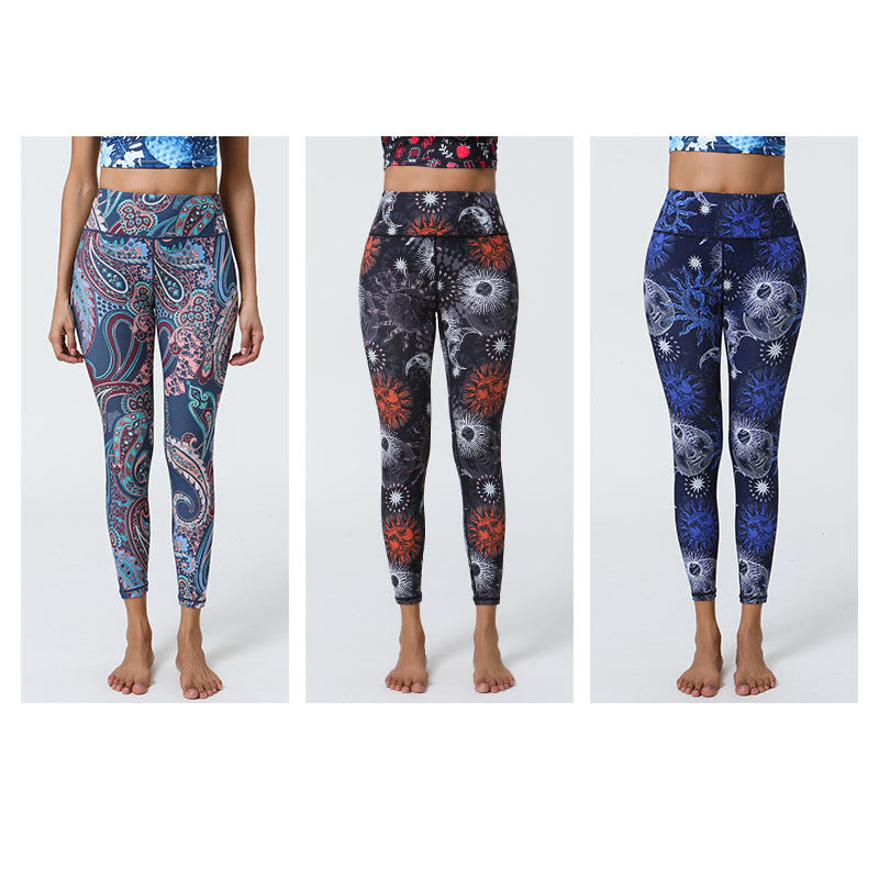 Buddha Stones Fleurs Plumes Soleil Lune Imprimé Sports Fitness Yoga Taille Haute Leggings Pantalons Femme