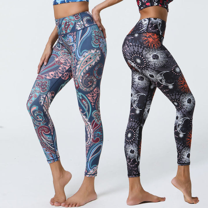 Buddha Stones Fleurs Plumes Soleil Lune Imprimé Sports Fitness Yoga Taille Haute Leggings Pantalons Femme