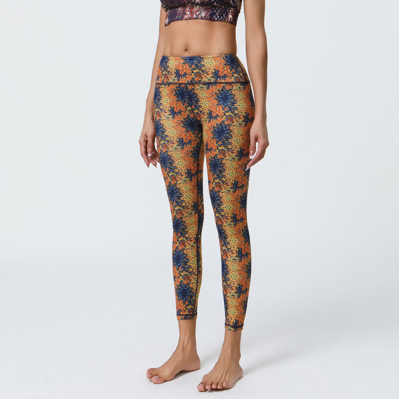 Leggings taille haute pour femme avec imprimé Buddha Stones , fleurs, mandalas géométriques, sport, fitness, yoga - Fleurs jaunes et bleues - US12，UK/AU16，EU44 (XL) - image 1