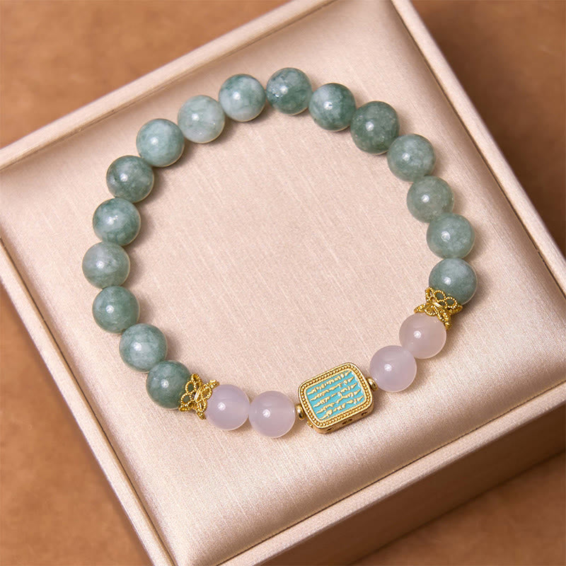 Bracelet d'abondance en Buddha Stones en jade vert naturel et agate blanche avec cinq écritures