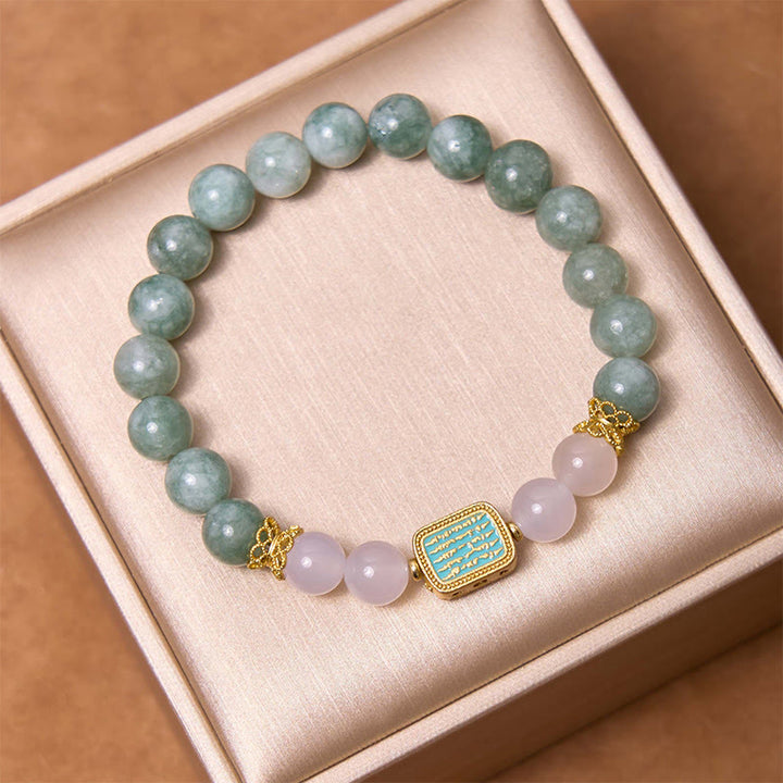 Bracelet d'abondance en Buddha Stones en jade vert naturel et agate blanche avec cinq écritures
