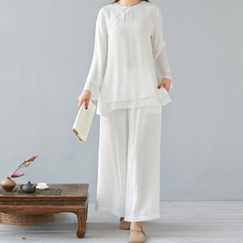Ensemble de 2 pièces en coton et lin Buddha Stones et chemise à manches trois-quarts et pantalon à jambes larges pour femme - Blanc - Manches longues - US8-10, UK/AU12-14, EU40-42 (3XL) - image 0