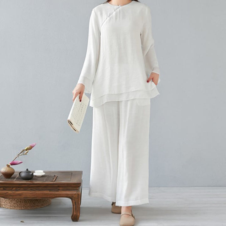 Ensemble de 2 pièces en coton et lin Buddha Stones et chemise à manches trois-quarts et pantalon à jambes larges pour femme - Blanc - Manches longues - US8-10, UK/AU12-14, EU40-42 (3XL) - image 0