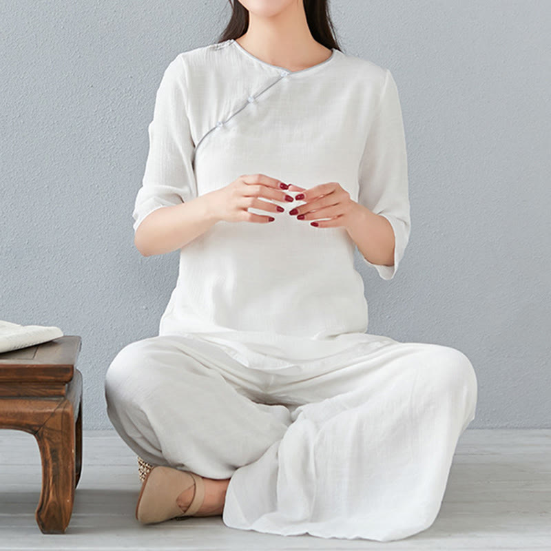 Ensemble de 2 pièces en coton et lin Buddha Stones et chemise à manches trois-quarts et pantalon à jambes larges pour femme - Blanc - Manches trois-quarts - US8-10, UK/AU12-14, EU40-42 (3XL) - image 7