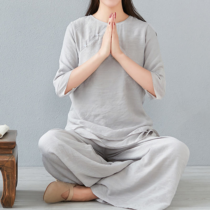 Ensemble de 2 pièces en coton et lin Buddha Stones et chemise à manches trois-quarts et pantalon à jambes larges pour femme - Gainsboro - Manches trois-quarts - US8-10, UK/AU12-14, EU40-42 (3XL) - image 26