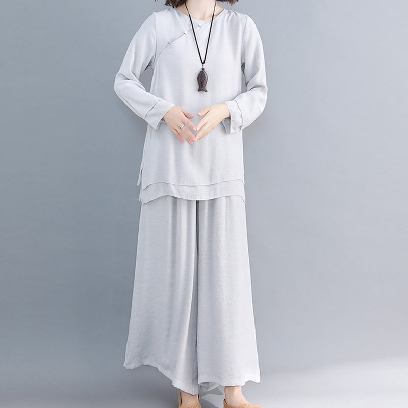 Ensemble de 2 pièces en coton et lin Buddha Stones et chemise à manches trois-quarts et pantalon à jambes larges pour femme - Gainsboro - manches longues - US8-10, UK/AU12-14, EU40-42 (3XL) - image 25