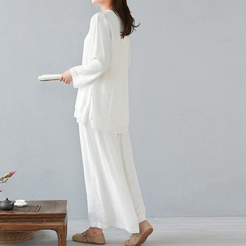 Ensemble de 2 pièces en coton et lin Buddha Stones et chemise à manches trois-quarts et pantalon à jambes larges pour femme - image 2