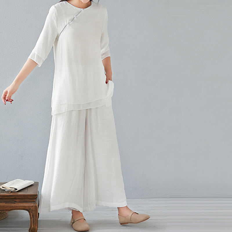 Ensemble de 2 pièces en coton et lin Buddha Stones et chemise à manches trois-quarts et pantalon à jambes larges pour femme - image 8