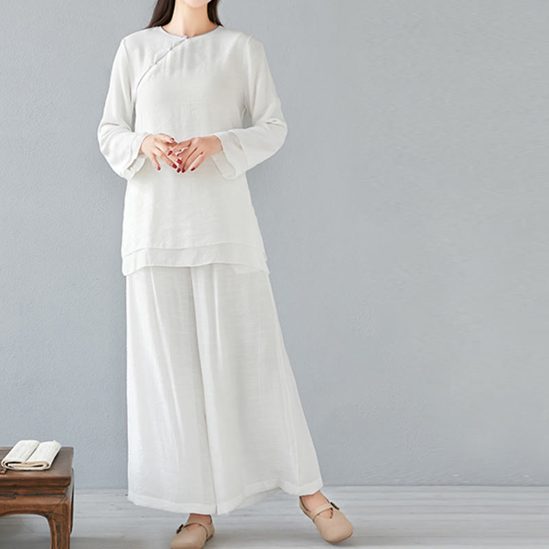 Ensemble de 2 pièces en coton et lin Buddha Stones et chemise à manches trois-quarts et pantalon à jambes larges pour femme - image 1